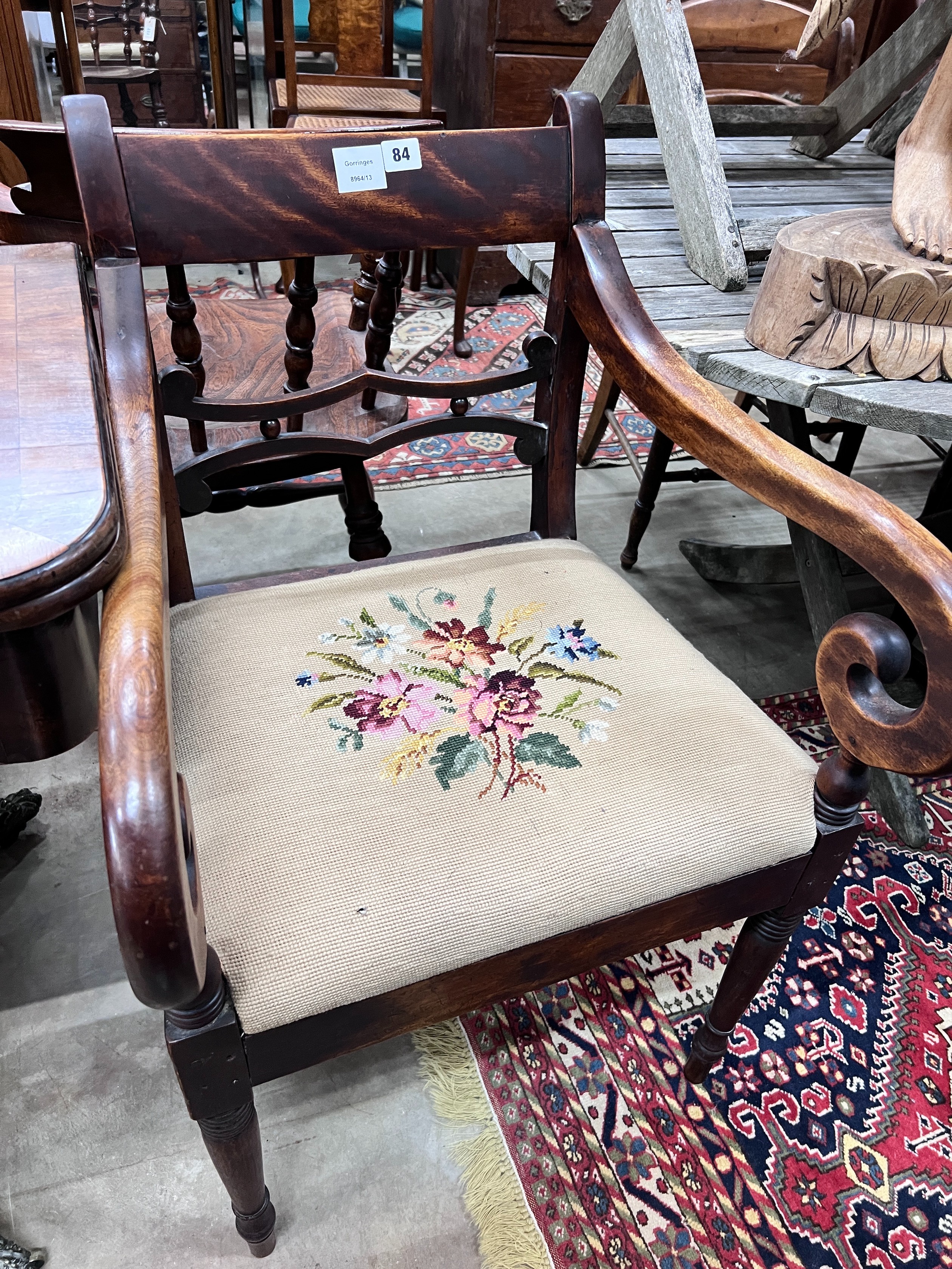 A Regency mahogany provincial elbow chair, a pair of George III mahogany dining chairs and one other *Please note the sale commences at 9am.
